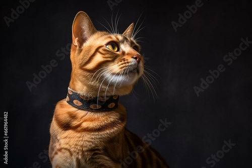 inquisitive feline extending neck sideways. Generative AI © Halen
