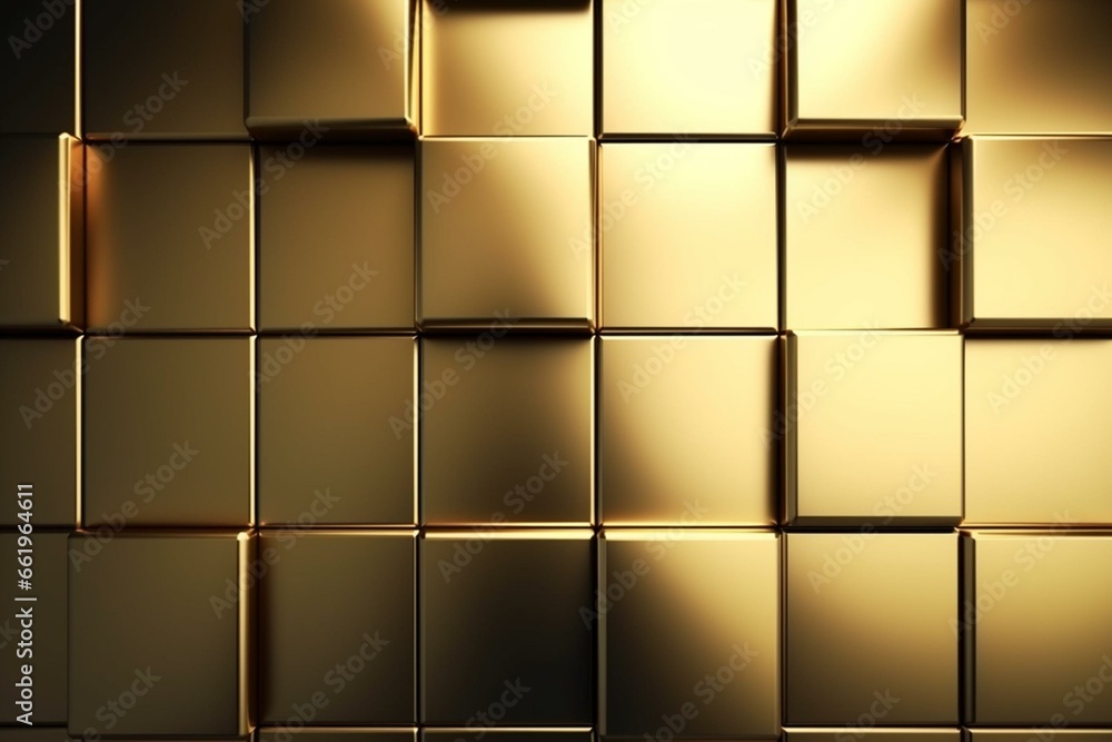 Luxurious, 3D gold square wall with polished tile wallpaper background. Generative AI - obrazy, fototapety, plakaty 