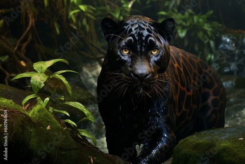 A melanistic leopard roaming near a creek surrounded by lush foliage and a dense backdrop. Generative AI