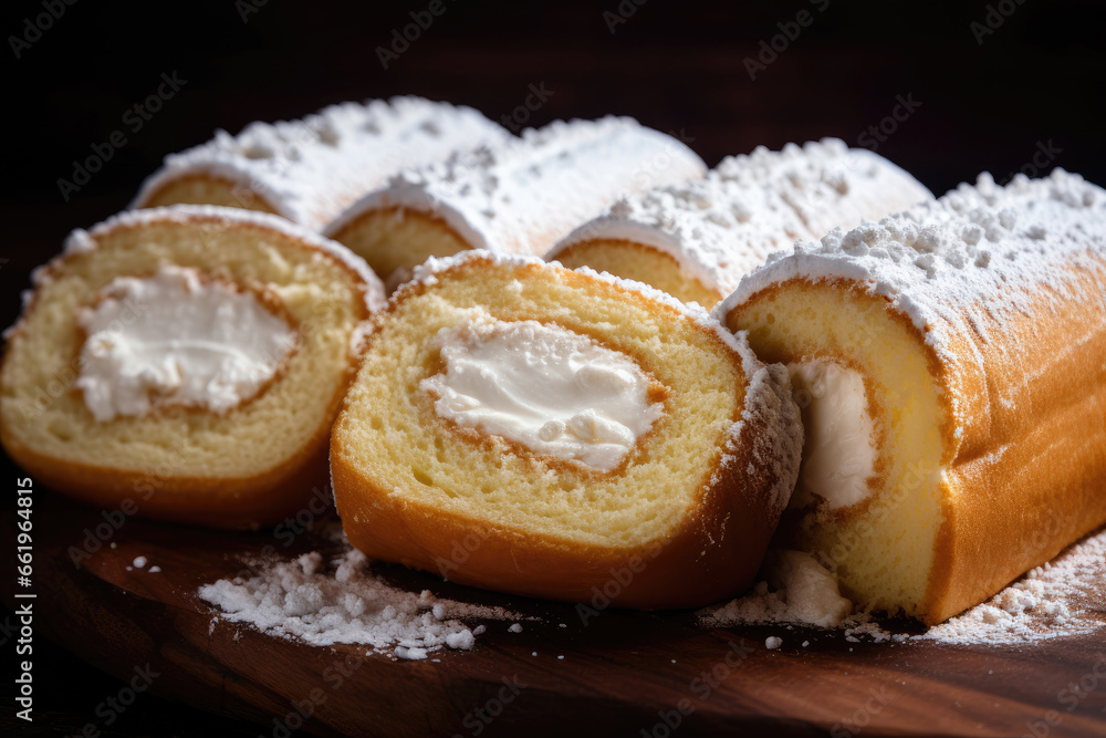 Slices of cream Swiss roll close up