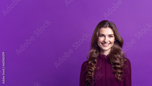 Beautiful woman smiling isolated on studio background with copyspace area