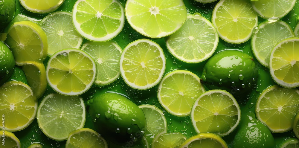 Background of arrangement of fresh green lemon slices. Generative AI Background of arrangement of fresh green lemon slices. Generative AI