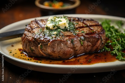 rib eye steak with garlic, parsley and butter