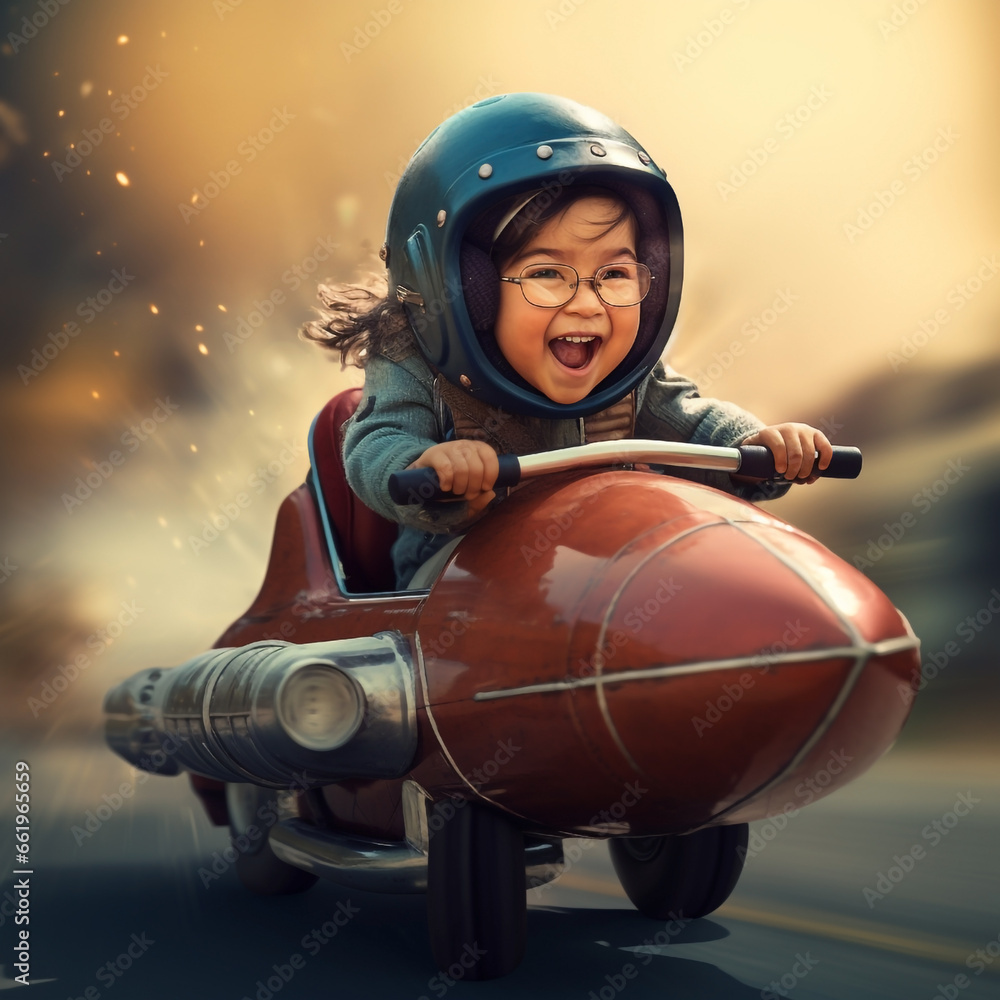 Heartwarming Glimpse of a Little Asian Girl with Glasses Laughing in a Rocket Car Ride - Cherishing Simple Pleasures & Youthful Dreams. Heartwarming Glimpse of a Little Asian Girl with Glasses Laughing in a Rocket Car Ride - Cherishing Simple Pleasures & Youthful Dreams.