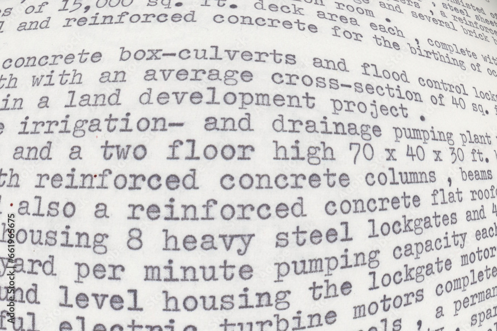 Distorted text written on an old typewriter. It is part of a resume of a civil engineer who has worked in the sixties in South America. Text background