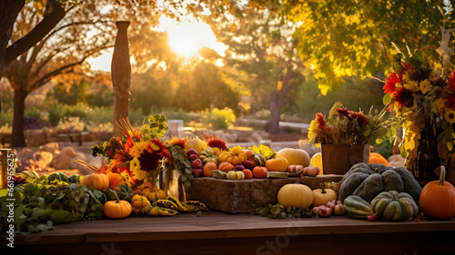 thanksgiving fair  pumpkins in a garden  beautiful autumn sunset