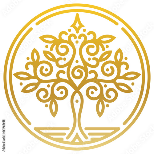 Symmetrical pattern with a tree in the ground inside circle. Vector template for design. Color illustration