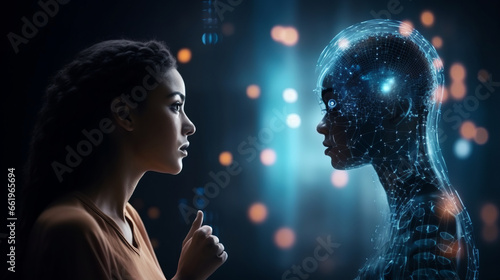 Woman talking with ai hologram, harmonious coexistence of humans and AI technology, artificial intelligence, machine learning, virtual reality, futuristic technology