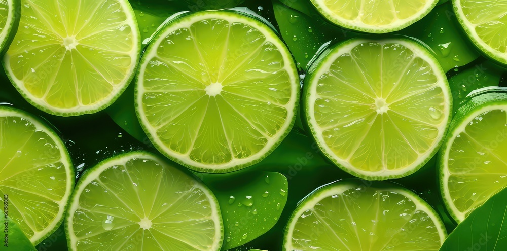 Background of arrangement of fresh green lemon slices. Generative AI Background of arrangement of fresh green lemon slices. Generative AI