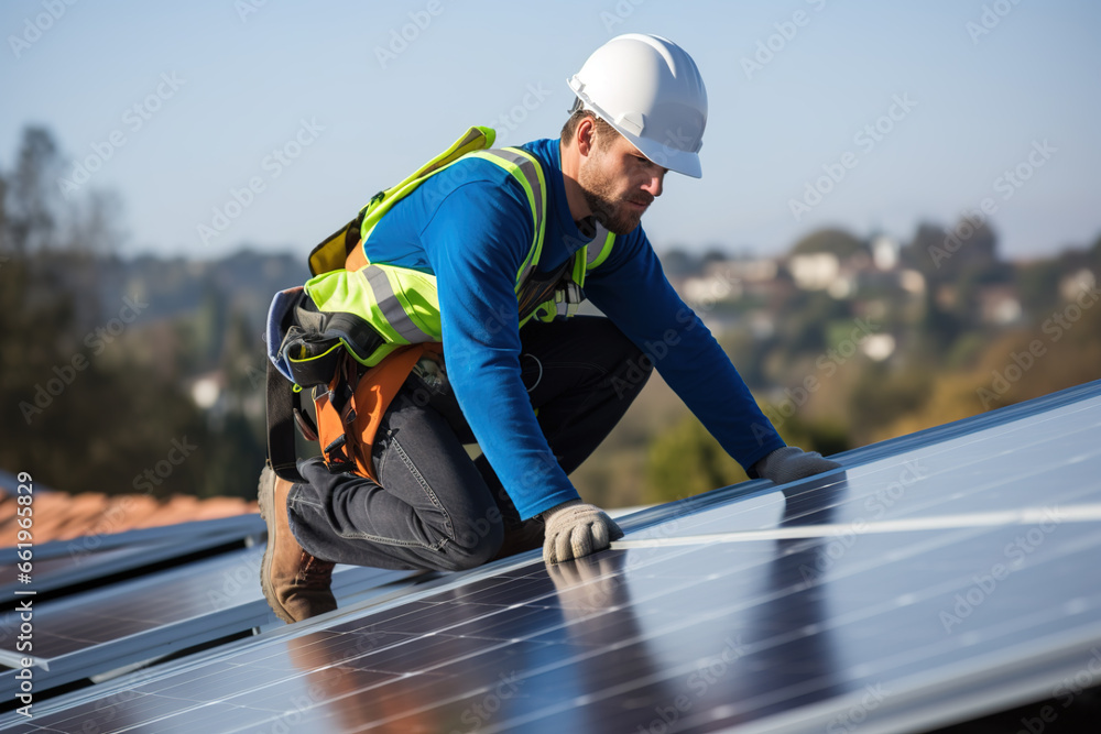 Engineer installing solar panel on a roof Engineer installing solar panel on a roof