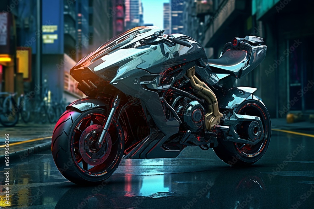Cutting-edge motorbike in cyber city. Generative AI