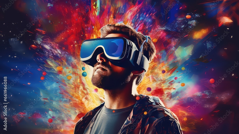 a person using VR with an abstract background. generative AI a person using VR with an abstract background. generative AI