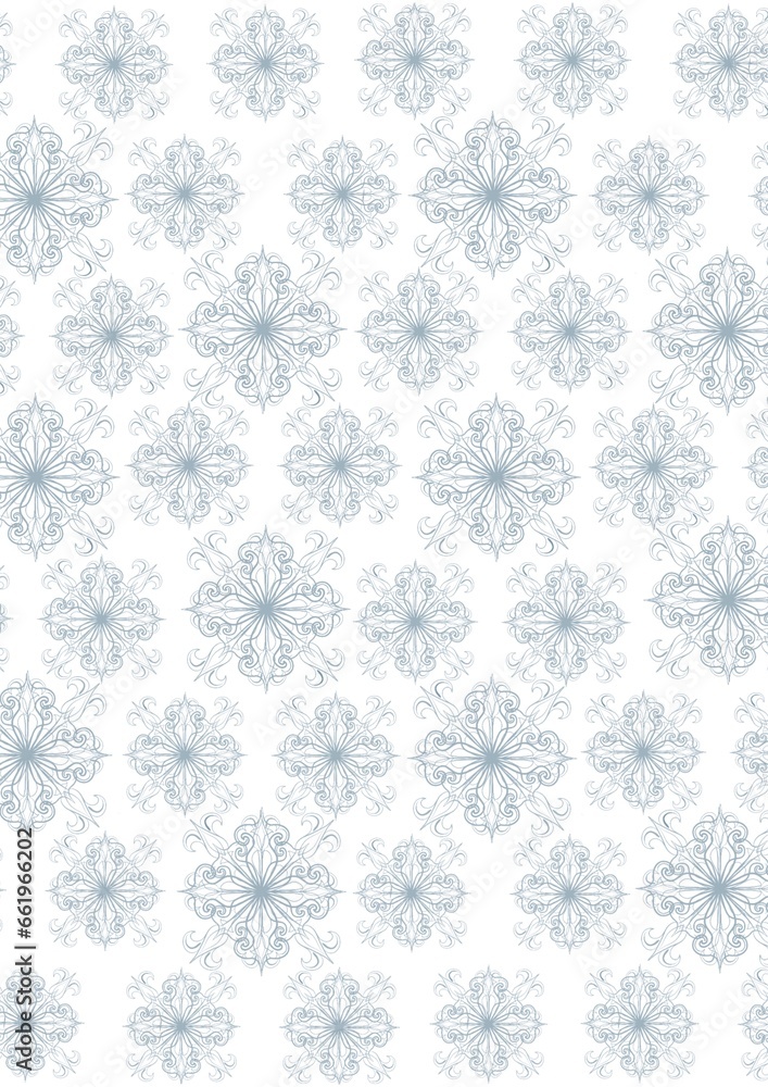 Many symmetrical identical gray patterns of different sizes in the form of snowflakes with curls and points on a white background, close-up. Illustration. Ornament.