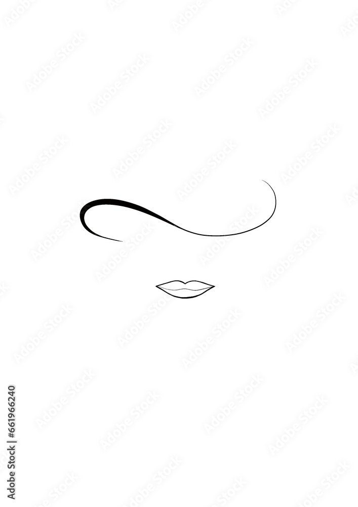 Black outline of a woman's white lips and the wavy edge of a woman's hat on a white background, close-up, front view. Graphic illustration. Icon. Logo. Black outline of a woman's white lips and the wavy edge of a woman's hat on a white background, close-up, front view. Graphic illustration. Icon. Logo.