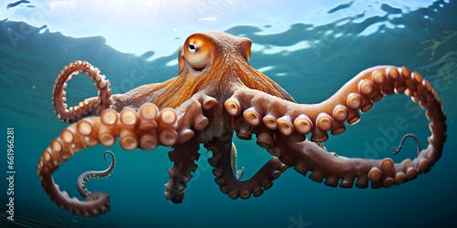 Large octopus sea buried its tentacles in sand at bottom of sea, a grand octopus in the ocean Generative AI