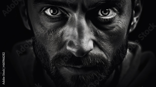 Intense man's gaze in monochrome close-up.