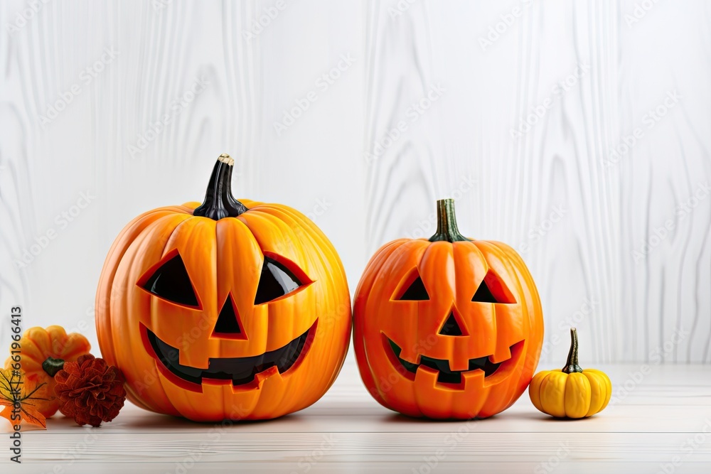 halloween pumpkins with candy corn on white wooden table Generative AI halloween pumpkins with candy corn on white wooden table Generative AI