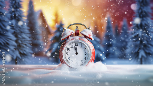 new year and chrismas time. snowy countdown clock - happ new year, winter concept panorama. photo