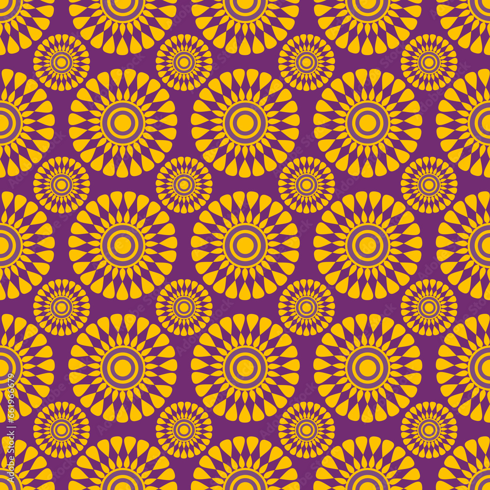 Floral pattern with round flowers. Seamless pattern with abstract yellow flowers on a purple background.