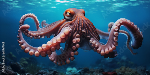 An octopus in the water with a yellow eye  Colorful octopus in the water generative ai