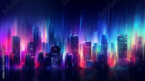 Generate an abstract background that resembles a neon cityscape, filled with vibrant, glowing buildings.