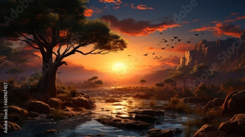 awe-inspiring sunset in a natural setting, with a view of a river, trees, mountains, and birds in flight in the background. image captures the breathtaking beauty of the outdoors during magical moment