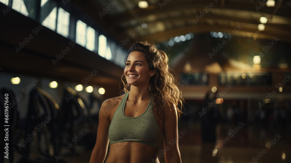 portrait of smiling young woman in sportswear looking aside while enjoying gym. Sporty girl training at sport club.