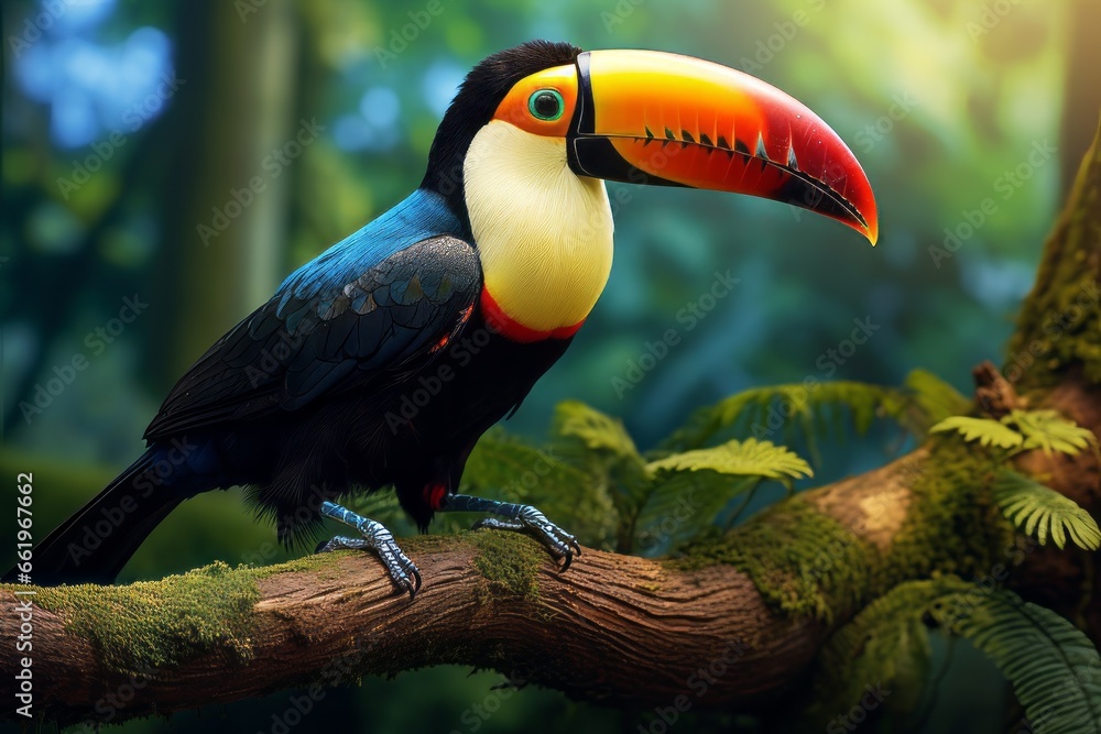 Fototapeta premium Toucan in the tropics. A bird sits on a tree branch against a background of nature.