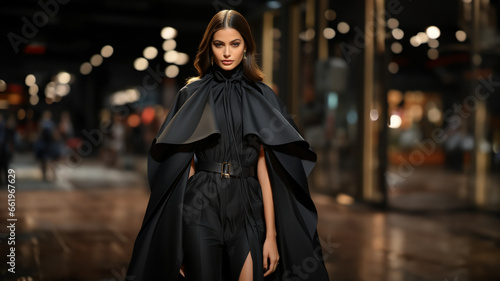 Super Fashion Model Frau in grandioser schwarzer Designer Kleidung am Laufsteg im Querformat als Banner, ai generativ photo