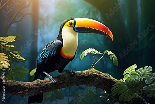 Toucan in the tropics. A bird sits on a tree branch against a background of nature.