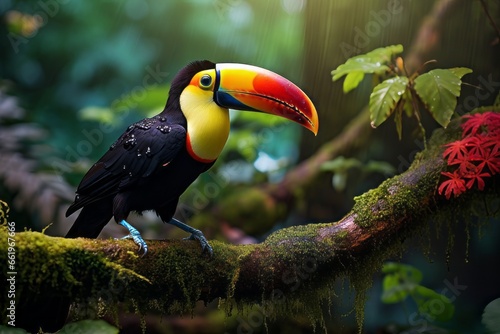 Toucan bird on a branch. Tropical colorful background. 