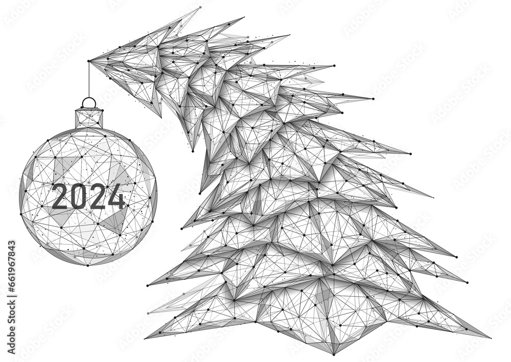 Curved Christmas tree with ball 2024. Polygonal design of