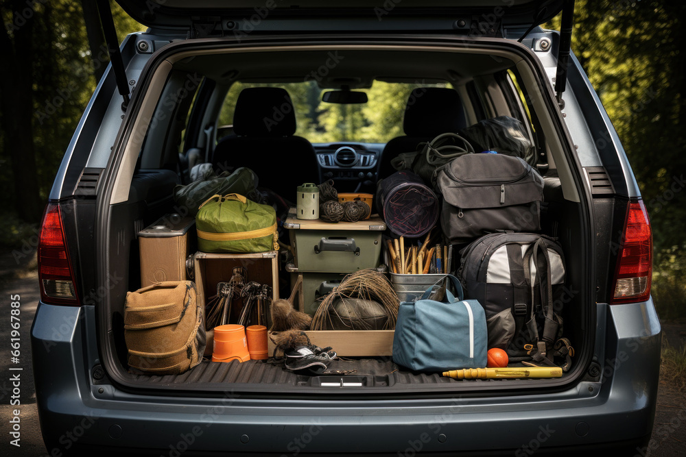 Open car trunk with suitcases and things, outdoor recreation, camping, travel concept - obrazy, fototapety, plakaty 