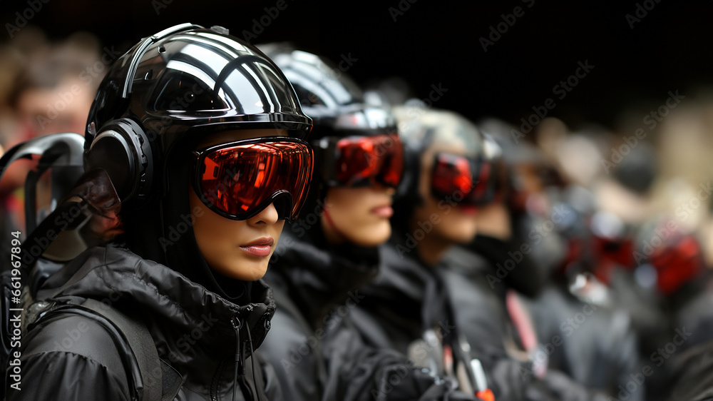 Frauen in der Zukunft bei der Armee mit Cyperspace Brillen und Anzug im Querformat für Banner, ai generativ Frauen in der Zukunft bei der Armee mit Cyperspace Brillen und Anzug im Querformat für Banner, ai generativ