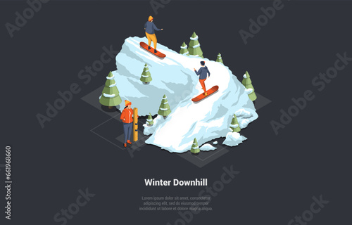 Concept Of Extreme Christmas Vacations, Family Holidays In Winter. People Skiing And Snowboarding Downhill, Spending Time Outdoors, Fun Activities in Winter. Isometric 3D Cartoon Vector Illustration