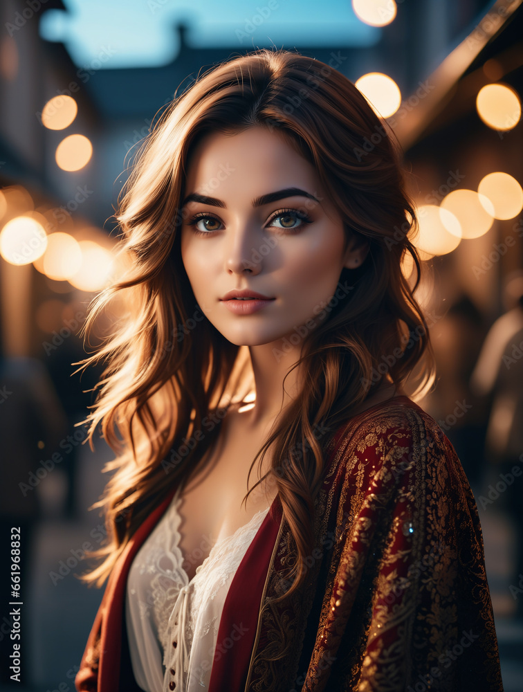 beautiful woman with long hair standing posing for portrait photo, natural light