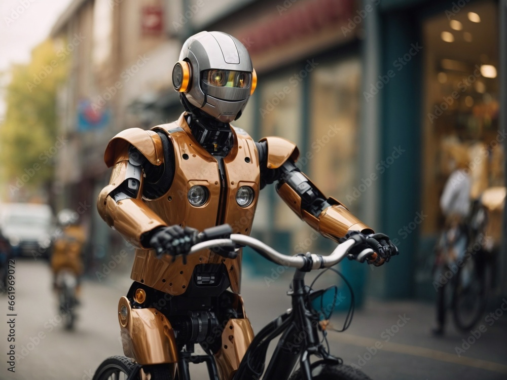 Happy humanoid robot rides a bicycle