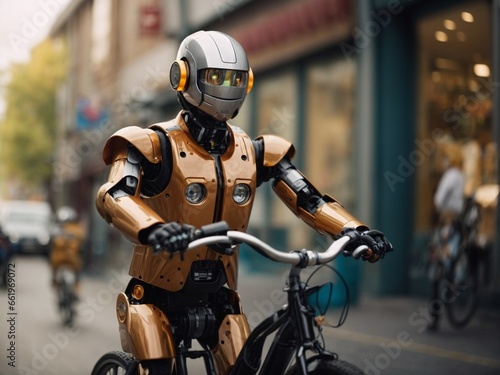 Happy humanoid robot rides a bicycle © Meeza