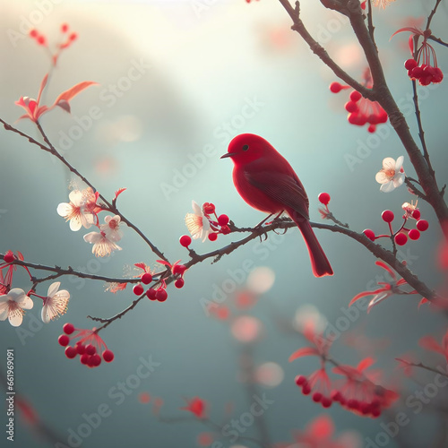 A red bird sitting on a branch of a tree with white flower and red berries on morning breeze. generative ai