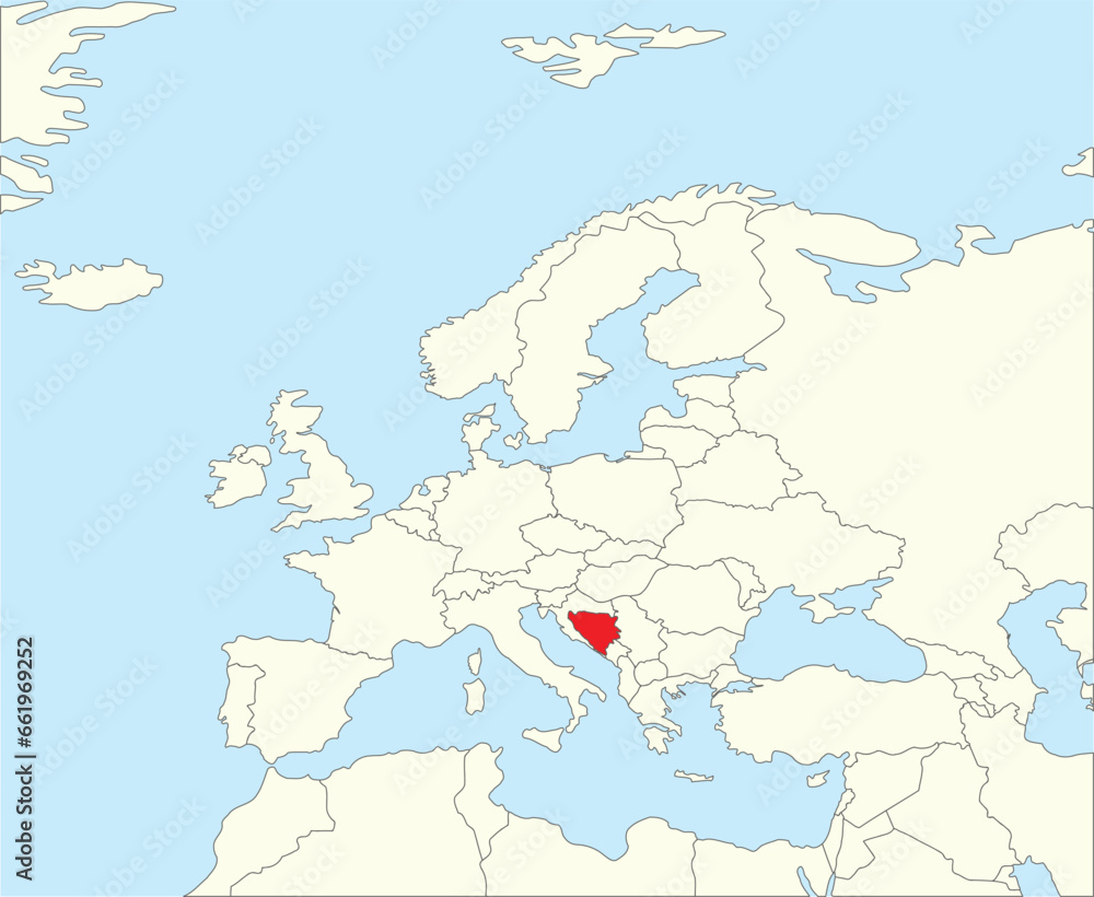 Fototapeta premium Red CMYK national map of BOSNIA AND HERZEGOVINA inside simplified beige blank political map of European continent on blue background using Winkel Tripel projection