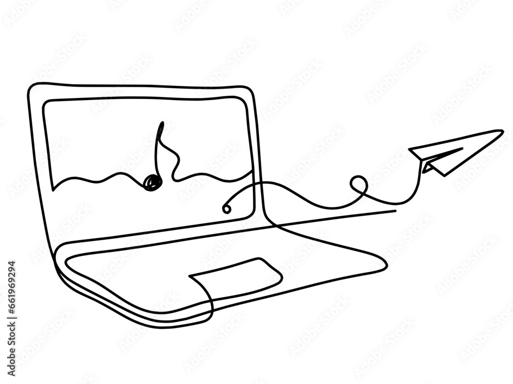 Abstract laptop and paper plane as line drawing on white background. Vector Abstract laptop and paper plane as line drawing on white background. Vector