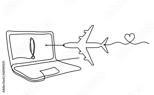 Abstract laptop and plane as line drawing on white background. Vector © suns07butterfly