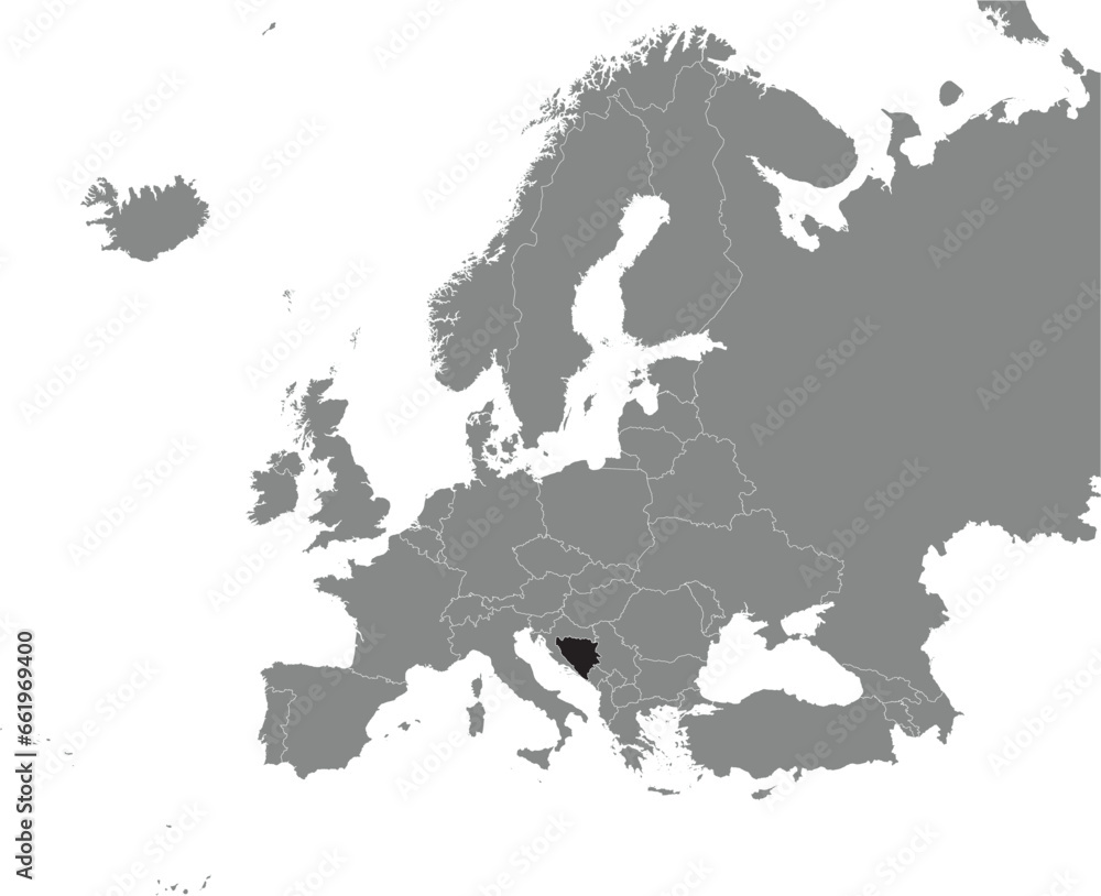 Obraz premium Black CMYK national map of BOSNIA AND HERZEGOVINA inside detailed gray blank political map of European continent on transparent background using Mercator projection