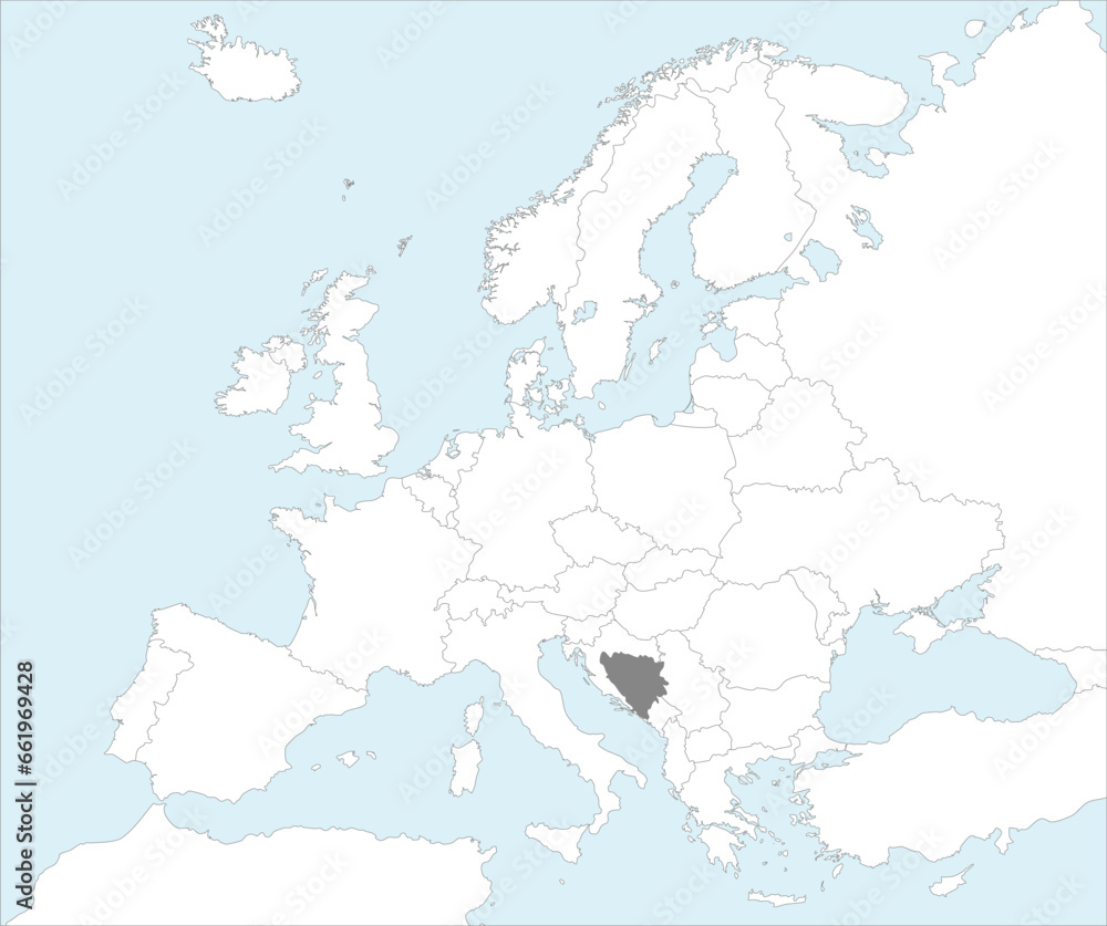 Obraz premium Gray CMYK national map of BOSNIA AND HERZEGOVINA inside detailed white blank political map of European continent on blue background using Mollweide projection