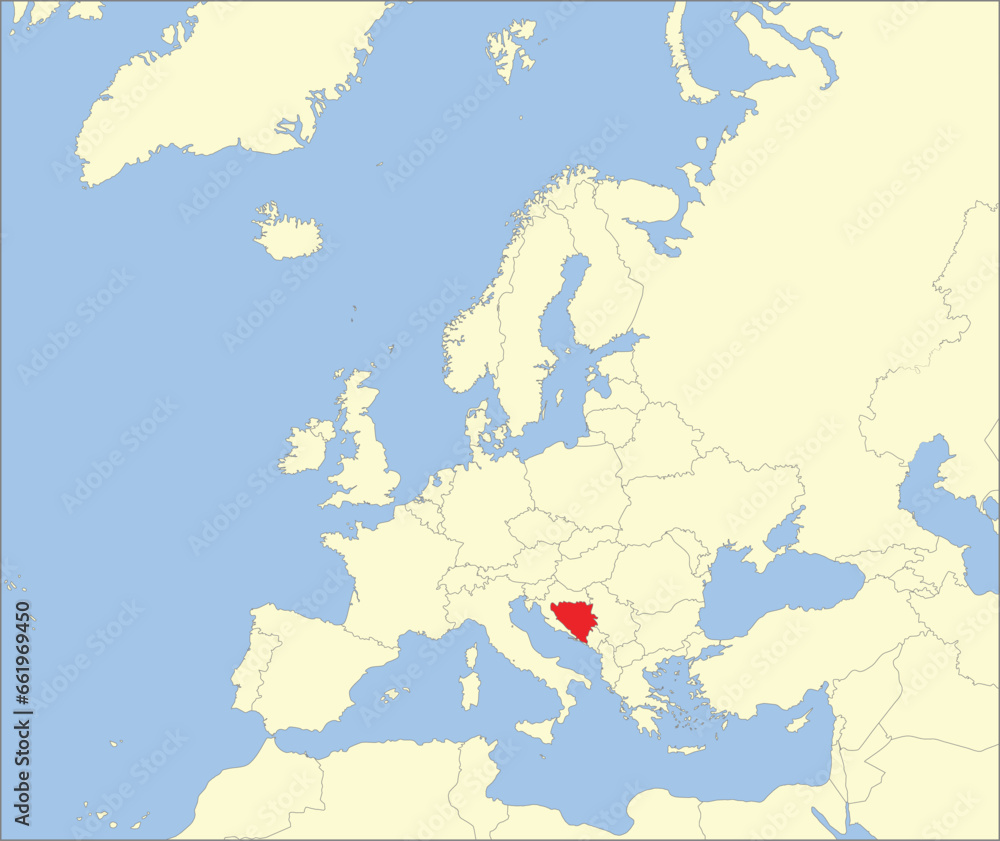 Obraz premium Red CMYK national map of BOSNIA AND HERZEGOVINA inside detailed beige blank political map of European continent on blue background using Mollweide projection
