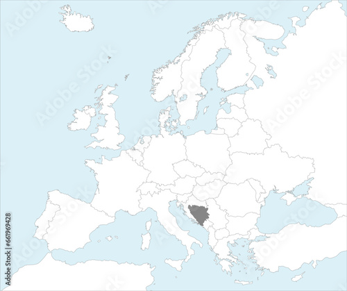 Gray CMYK national map of BOSNIA AND HERZEGOVINA inside detailed white blank political map of European continent on blue background using Mollweide projection