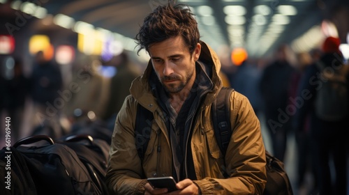 fatigued young man, waiting for his flight at the airport, checks his smartphone in the midst of a blurry crowd. His expression changes, indicating he has received a distressing message or bad news.