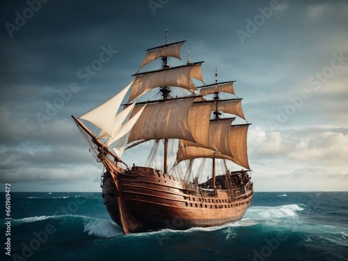 Old giant wooden ship with sails in ocean