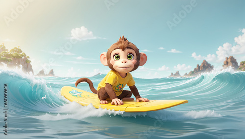 Cute monkey are surfing on the beach waves. © SeptianHadi