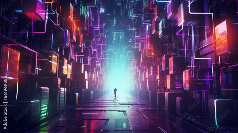 Produce a futuristic geometric abstract image with neon lines and cyberpunk aesthetics, immersing viewers in a digital world. - obrazy, fototapety, plakaty 